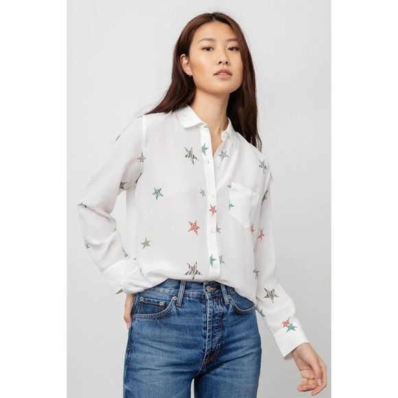 Rails Tops - Rails Silk Kate White Animal Stars Printed Shirt Long Sleeve Collar Neck Size S